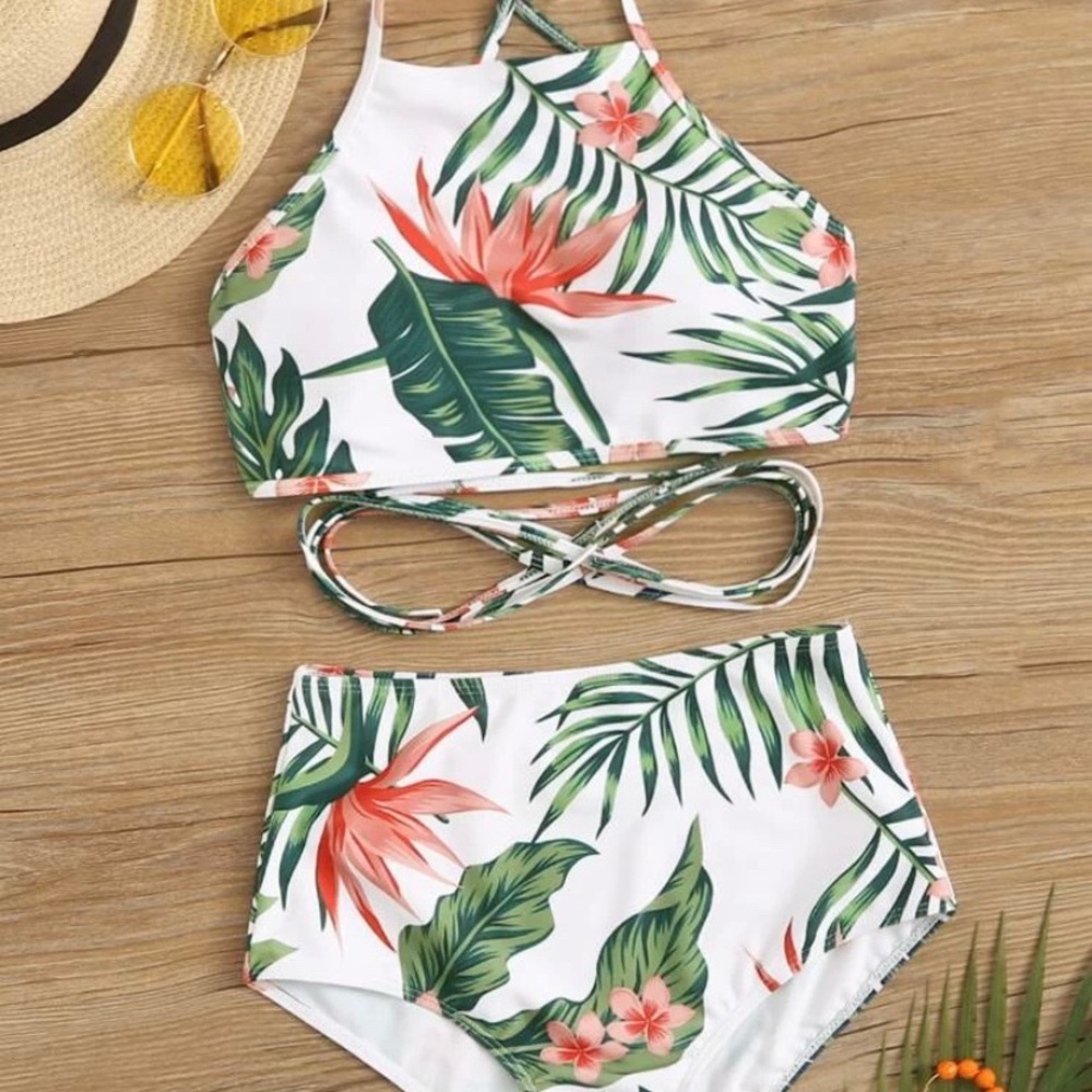 Tropical crisscross high waisted 2pc bathing suit